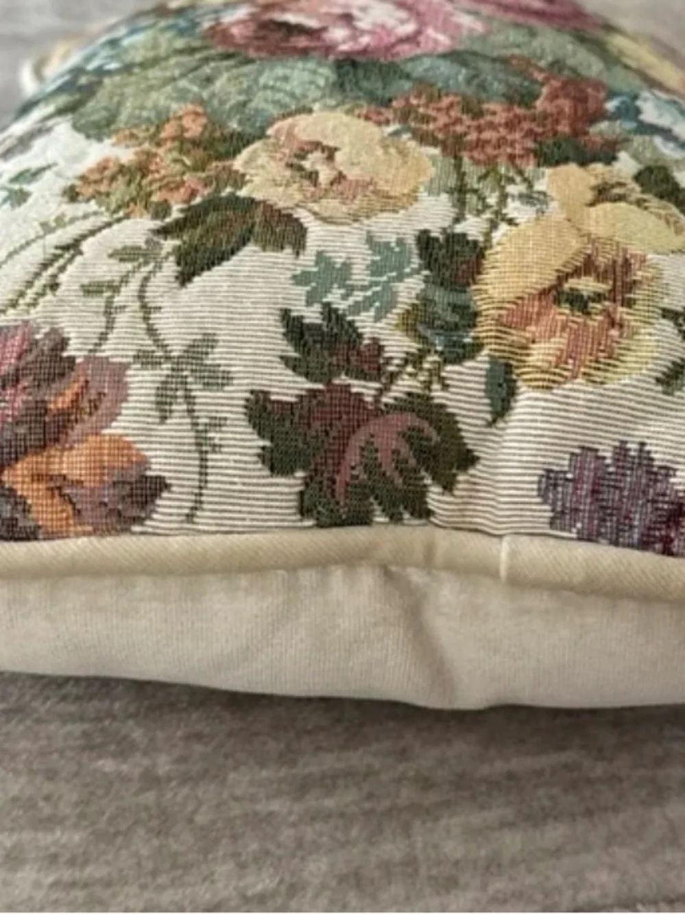 Floral Tapestry Decorative Pillow - Pink, Green, Cream with velvet backing
